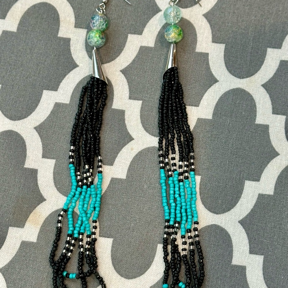 Elegant Handmade Beaded Dangle Earrings - Black and Turquoise